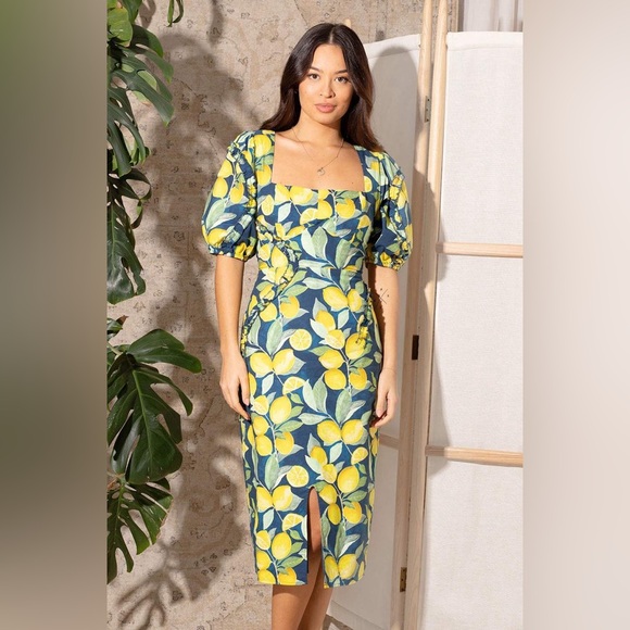 Hope & Ivy Lemon Print Puff Sleeve Midi Dress Mediterranean Cottagecore Size 14 - Picture 10 of 12